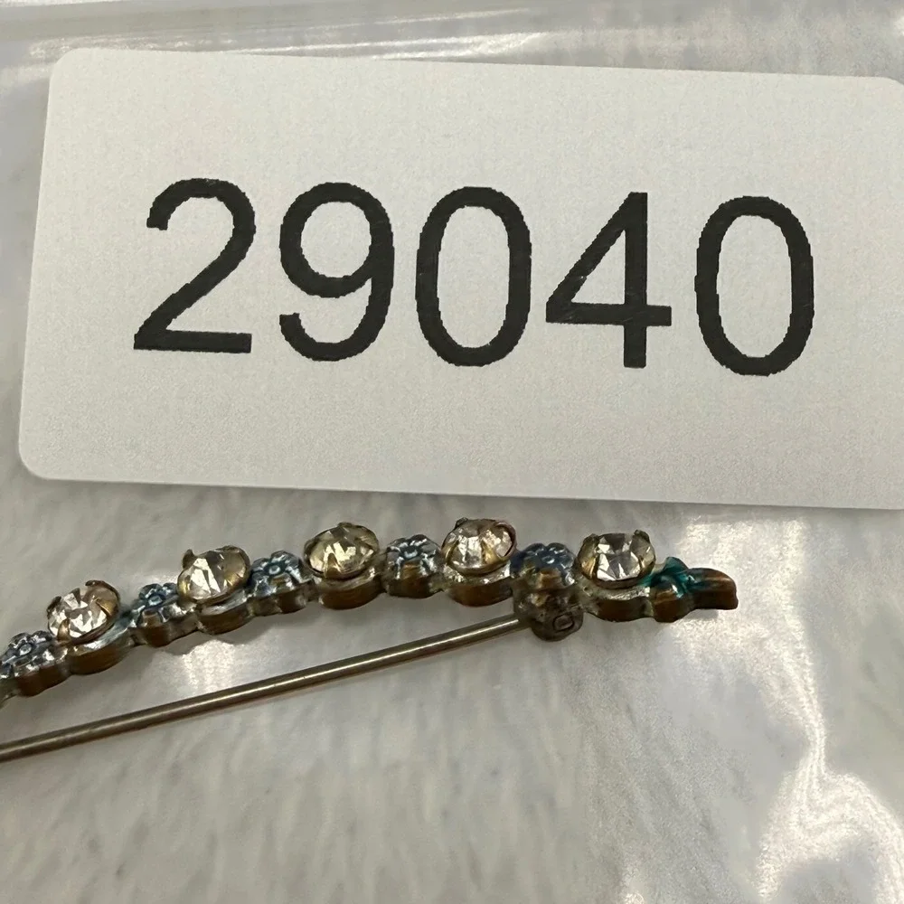 Vintage Bar Brooch Paste Silver Tone Blue Rhinestone Floral Curved